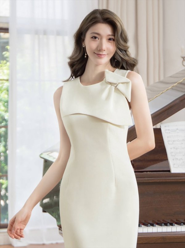 画像10: [送料無料][GINZA COUTURE]イエロー・アイボリー・シンプル・リボンモチーフ・ノースリーブ・タイト・ミディアムドレス・ワンピース[即日発送][大きいサイズあり] (10)