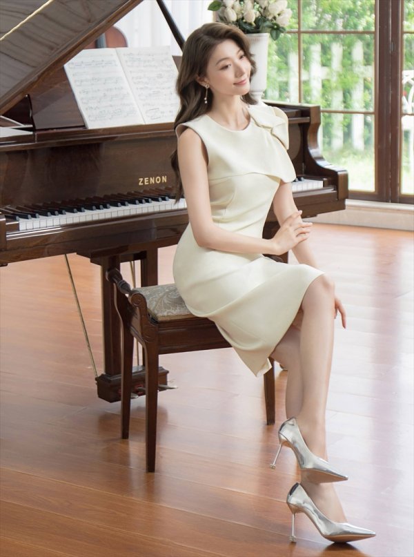 画像12: [送料無料][GINZA COUTURE]イエロー・アイボリー・シンプル・リボンモチーフ・ノースリーブ・タイト・ミディアムドレス・ワンピース[即日発送][大きいサイズあり] (12)