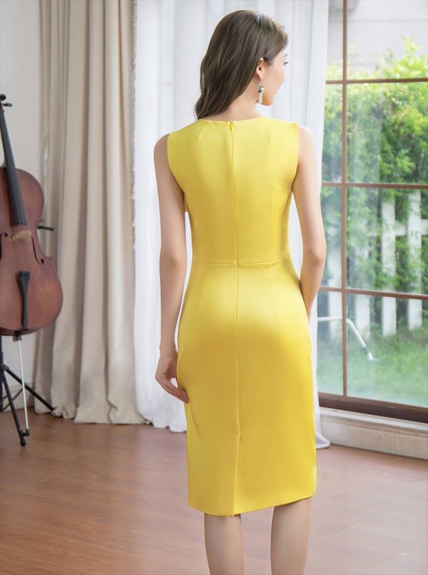 画像3: [送料無料][GINZA COUTURE]イエロー・アイボリー・シンプル・リボンモチーフ・ノースリーブ・タイト・ミディアムドレス・ワンピース[即日発送][大きいサイズあり] (3)