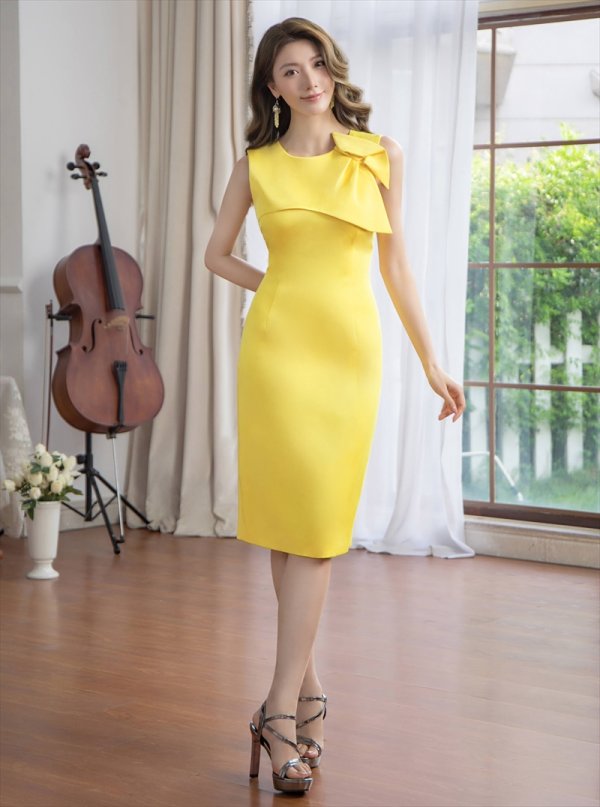 画像5: [送料無料][GINZA COUTURE]イエロー・アイボリー・シンプル・リボンモチーフ・ノースリーブ・タイト・ミディアムドレス・ワンピース[即日発送][大きいサイズあり] (5)