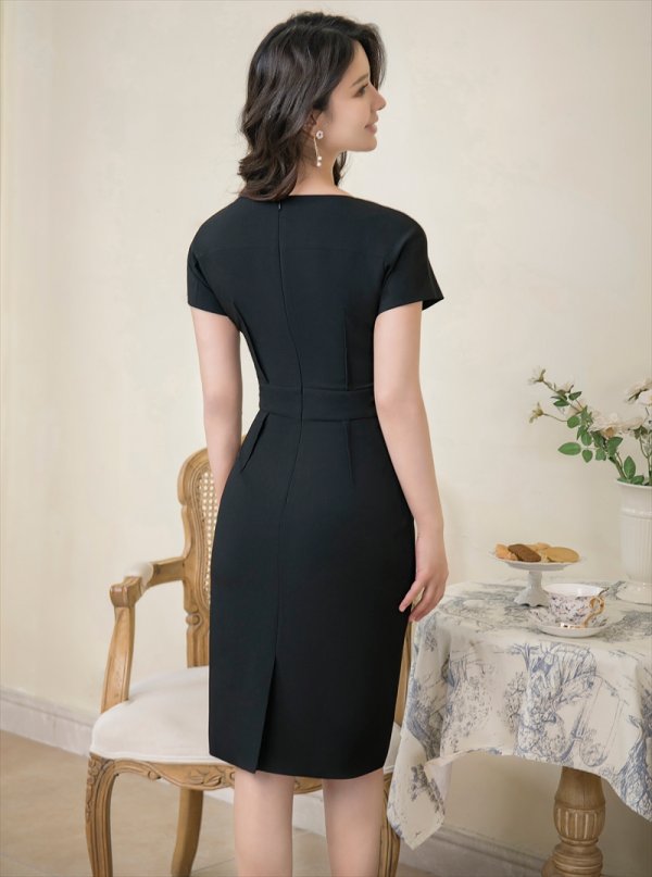 画像9: [送料無料][GINZA COUTURE]グリーン・ブラック・ブラウン・シンプル・半袖・無地・ウエストリボン・タイト・ミディアムドレス・ワンピース[即日発送][大きいサイズあり] (9)