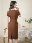 画像9: [送料無料][GINZA COUTURE]ブラック・ブラウン・グリーン・シンプル・半袖・無地・ウエストリボン・タイト・ミディアムドレス・ワンピース[即日発送][大きいサイズあり] (9)