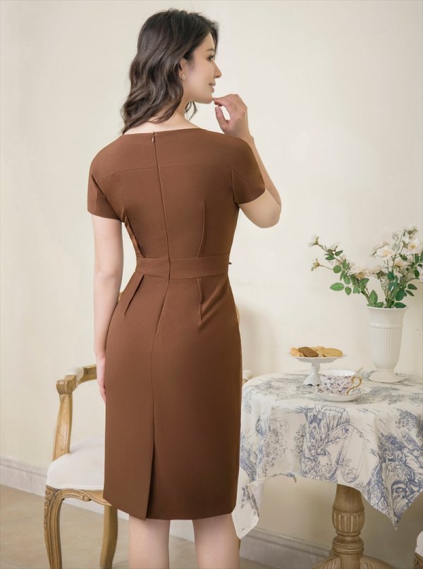 画像15: [送料無料][GINZA COUTURE]グリーン・ブラック・ブラウン・シンプル・半袖・無地・ウエストリボン・タイト・ミディアムドレス・ワンピース[即日発送][大きいサイズあり] (15)