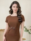 画像10: [送料無料][GINZA COUTURE]ブラック・ブラウン・グリーン・シンプル・半袖・無地・ウエストリボン・タイト・ミディアムドレス・ワンピース[即日発送][大きいサイズあり] (10)