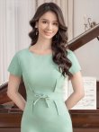 画像16: [送料無料][GINZA COUTURE]ブラック・ブラウン・グリーン・シンプル・半袖・無地・ウエストリボン・タイト・ミディアムドレス・ワンピース[即日発送][大きいサイズあり] (16)