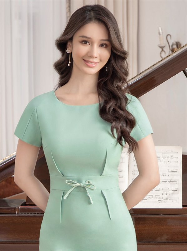 画像4: [送料無料][GINZA COUTURE]グリーン・ブラック・ブラウン・シンプル・半袖・無地・ウエストリボン・タイト・ミディアムドレス・ワンピース[即日発送][大きいサイズあり] (4)