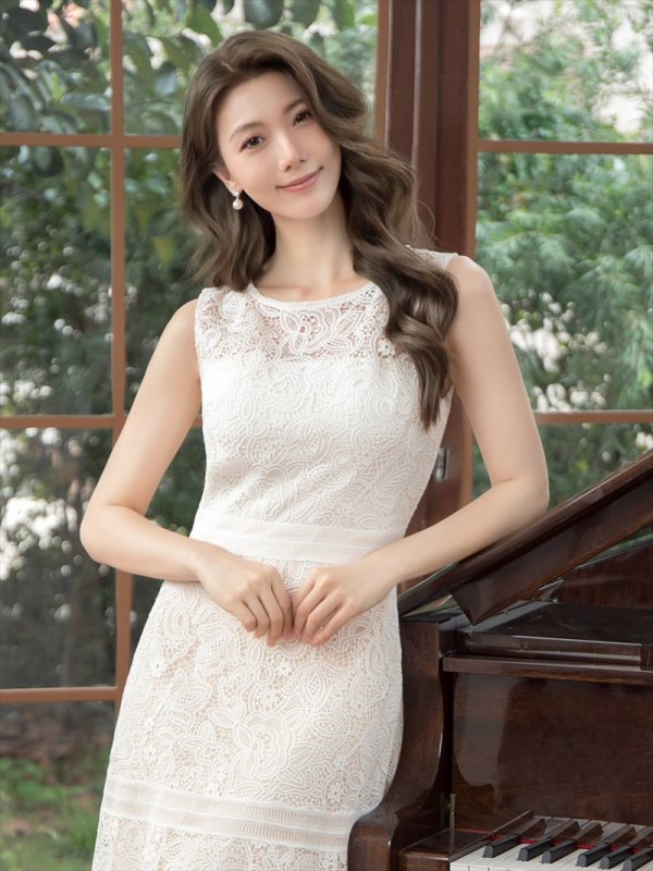 画像4: [送料無料][GINZA COUTURE]ホワイト・総レース・ノースリーブ・ハイウエスト・Aラインミディアムドレスワンピース[即日発送][大きいサイズあり] (4)