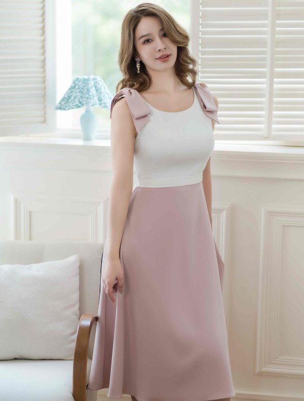 画像2: [送料無料][GINZA COUTURE]ホワイト×ピンク・バイカラー・肩リボン・ノースリーブ・Aライン・ハイウエスト・ミディアムドレス・ワンピース[即日発送][大きいサイズあり] (2)