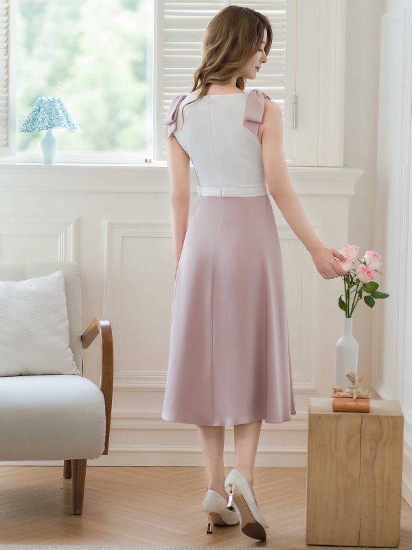 画像4: [送料無料][GINZA COUTURE]ホワイト×ピンク・バイカラー・肩リボン・ノースリーブ・Aライン・ハイウエスト・ミディアムドレス・ワンピース[即日発送][大きいサイズあり] (4)