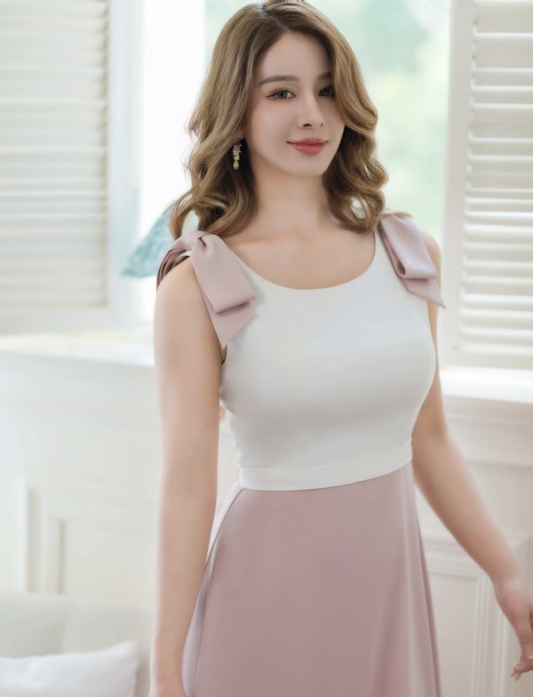 画像5: [送料無料][GINZA COUTURE]ホワイト×ピンク・バイカラー・肩リボン・ノースリーブ・Aライン・ハイウエスト・ミディアムドレス・ワンピース[即日発送][大きいサイズあり] (5)