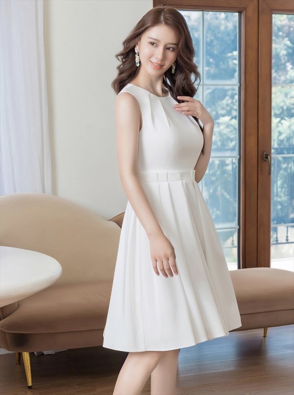 画像8: [送料無料][GINZA COUTURE]ネイビー・ホワイト・ノースリーブ・タック・プリーツ・Aライン・ミディアムドレス・ワンピース[即日発送][大きいサイズあり] (8)