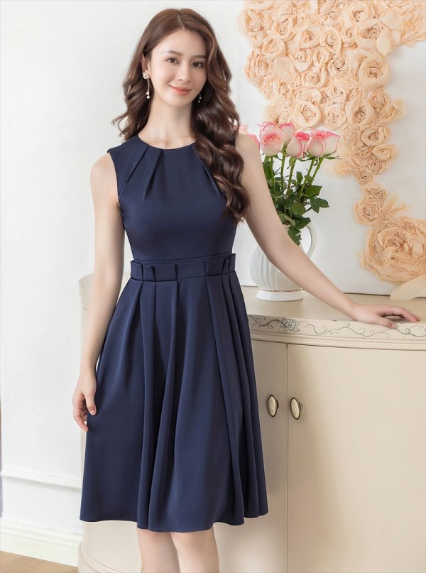 画像2: [送料無料][GINZA COUTURE]ネイビー・ホワイト・ノースリーブ・タック・プリーツ・Aライン・ミディアムドレス・ワンピース[即日発送][大きいサイズあり] (2)