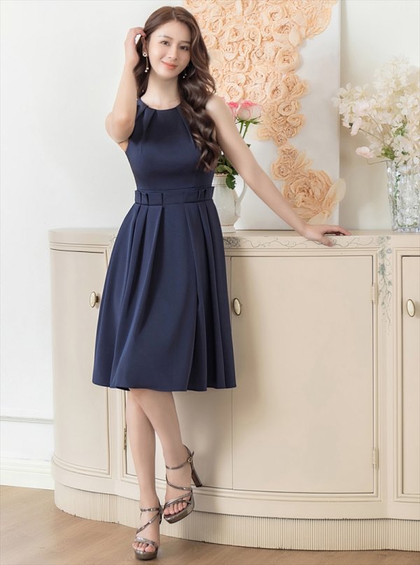 画像5: [送料無料][GINZA COUTURE]ネイビー・ホワイト・ノースリーブ・タック・プリーツ・Aライン・ミディアムドレス・ワンピース[即日発送][大きいサイズあり] (5)