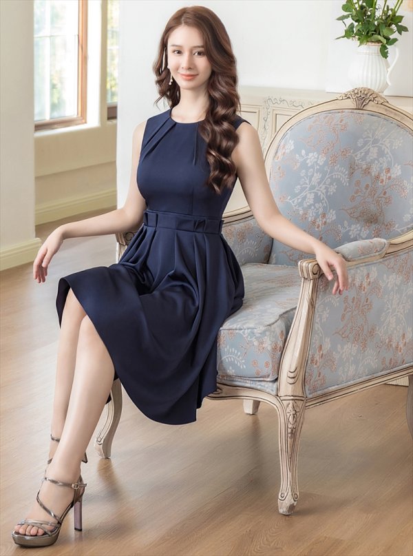 画像6: [送料無料][GINZA COUTURE]ネイビー・ホワイト・ノースリーブ・タック・プリーツ・Aライン・ミディアムドレス・ワンピース[即日発送][大きいサイズあり] (6)