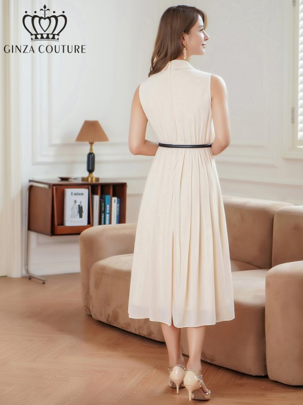 画像9: [送料無料][GINZA COUTURE]ベージュ×ブラック・アイボリー・ネイビー・フラワープリント・ボタン・襟付き・Aライン・ノースリーブ・シフォン・ミディアムドレス・ワンピース[即日発送][大きいサイズあり] (9)