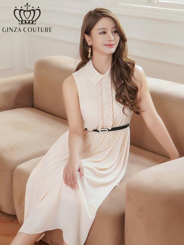 画像12: [送料無料][GINZA COUTURE]ベージュ×ブラック・アイボリー・ネイビー・フラワープリント・ボタン・襟付き・Aライン・ノースリーブ・シフォン・ミディアムドレス・ワンピース[即日発送][大きいサイズあり] (12)