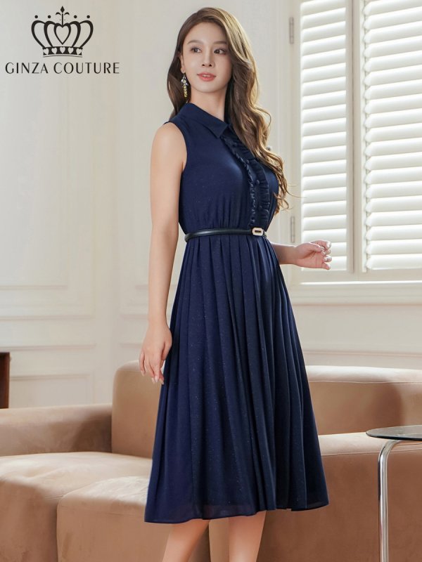 画像14: [送料無料][GINZA COUTURE]ベージュ×ブラック・アイボリー・ネイビー・フラワープリント・ボタン・襟付き・Aライン・ノースリーブ・シフォン・ミディアムドレス・ワンピース[即日発送][大きいサイズあり] (14)