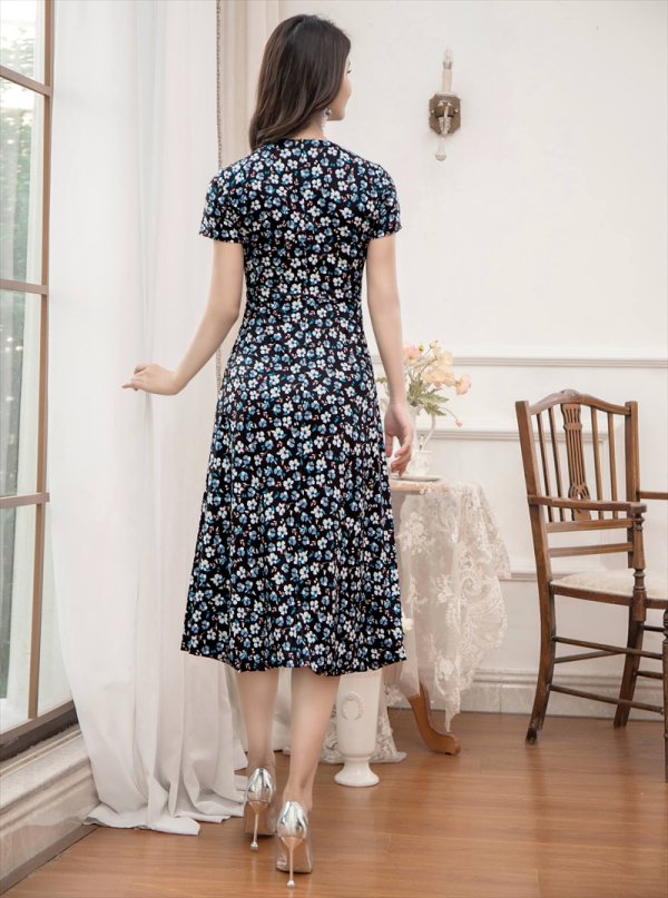 画像9: [送料無料][GINZA COUTURE]ホワイト×ブルー・ブラック×ブルー・半袖・プリント・Aライン・ミディアムドレス・ワンピース[即日発送][大きいサイズあり] (9)