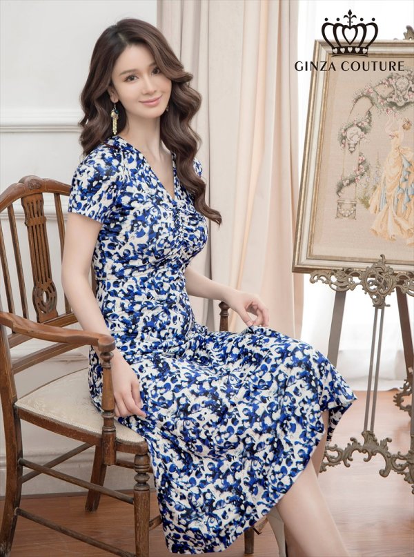 画像1: [送料無料][GINZA COUTURE]ホワイト×ブルー・ブラック×ブルー・半袖・プリント・Aライン・ミディアムドレス・ワンピース[即日発送][大きいサイズあり] (1)