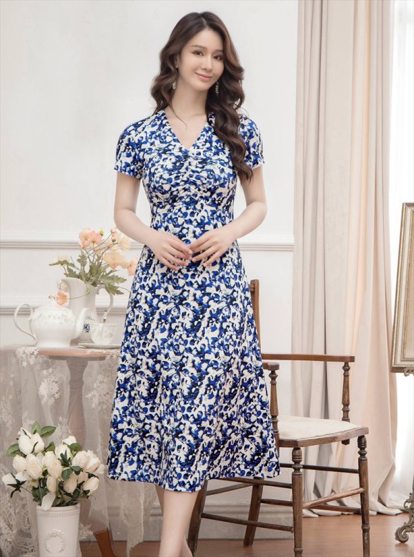 画像3: [送料無料][GINZA COUTURE]ホワイト×ブルー・ブラック×ブルー・半袖・プリント・Aライン・ミディアムドレス・ワンピース[即日発送][大きいサイズあり] (3)