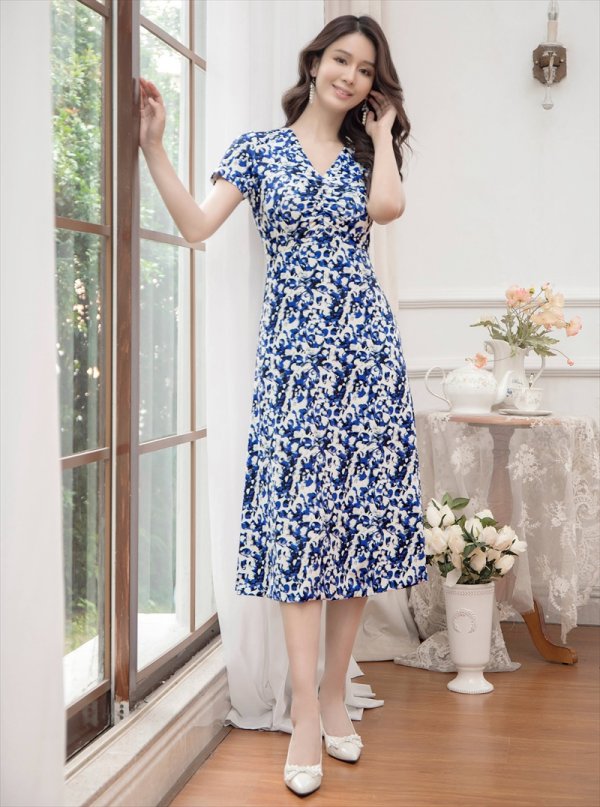 画像6: [送料無料][GINZA COUTURE]ホワイト×ブルー・ブラック×ブルー・半袖・プリント・Aライン・ミディアムドレス・ワンピース[即日発送][大きいサイズあり] (6)