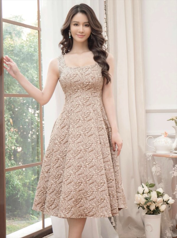 画像2: [送料無料][GINZA COUTURE]ベージュ・グリーン・Aライン・ジャガード・ノースリーブ・ミディアムドレス・ワンピース[即日発送][大きいサイズあり] (2)