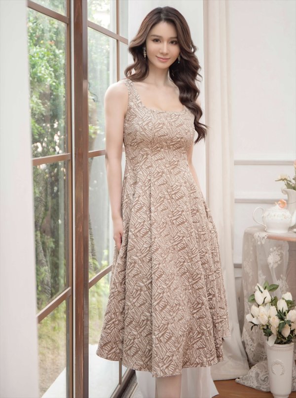 画像3: [送料無料][GINZA COUTURE]ベージュ・グリーン・Aライン・ジャガード・ノースリーブ・ミディアムドレス・ワンピース[即日発送][大きいサイズあり] (3)