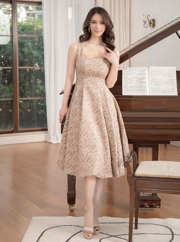 画像5: [送料無料][GINZA COUTURE]ベージュ・グリーン・Aライン・ジャガード・ノースリーブ・ミディアムドレス・ワンピース[即日発送][大きいサイズあり] (5)