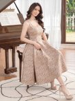 画像12: [送料無料][GINZA COUTURE]グリーン・ベージュ・Aライン・ジャガード・ノースリーブ・ミディアムドレス・ワンピース[即日発送][大きいサイズあり] (12)