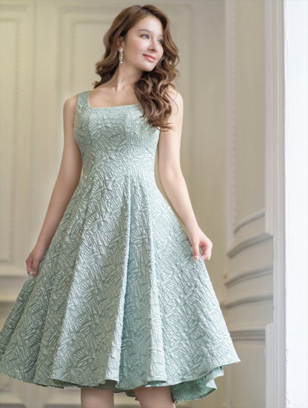 画像8: [送料無料][GINZA COUTURE]ベージュ・グリーン・Aライン・ジャガード・ノースリーブ・ミディアムドレス・ワンピース[即日発送][大きいサイズあり] (8)
