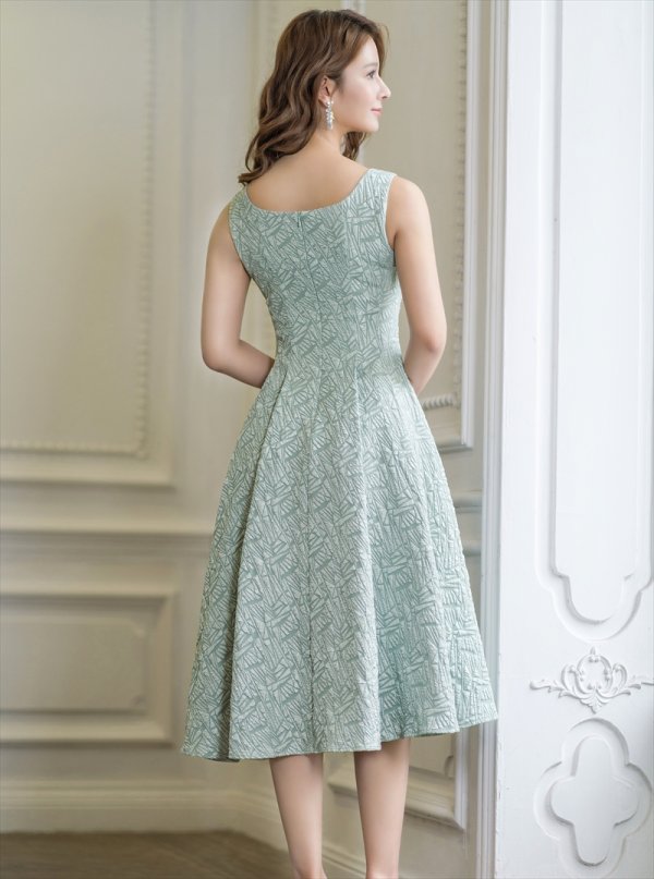 画像9: [送料無料][GINZA COUTURE]ベージュ・グリーン・Aライン・ジャガード・ノースリーブ・ミディアムドレス・ワンピース[即日発送][大きいサイズあり] (9)
