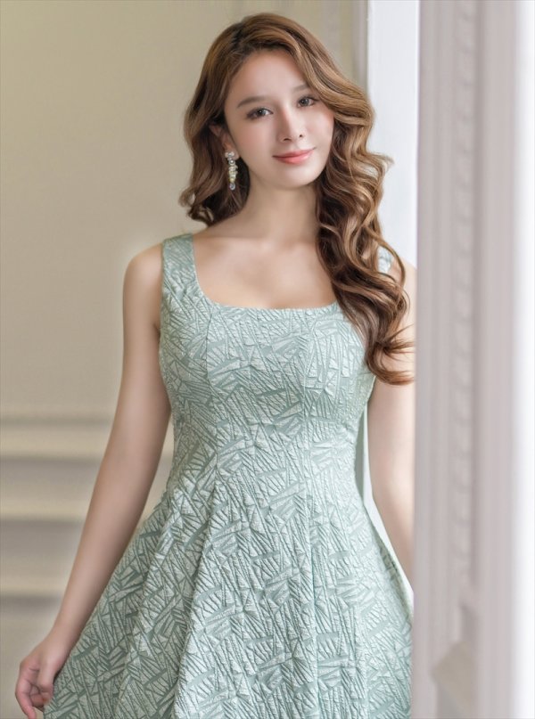 画像10: [送料無料][GINZA COUTURE]ベージュ・グリーン・Aライン・ジャガード・ノースリーブ・ミディアムドレス・ワンピース[即日発送][大きいサイズあり] (10)