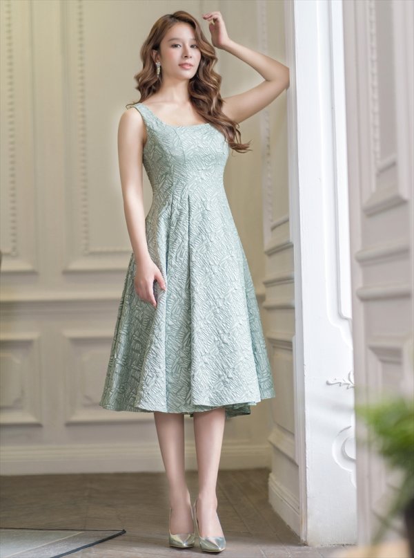 画像11: [送料無料][GINZA COUTURE]ベージュ・グリーン・Aライン・ジャガード・ノースリーブ・ミディアムドレス・ワンピース[即日発送][大きいサイズあり] (11)