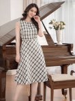 画像2: [送料無料][GINZA COUTURE]ブラック×イエロー・ブラック×レッド・チェック・ツイード・Aライン・ノースリーブ・ミディアムドレス・ワンピース[即日発送][大きいサイズあり] (2)