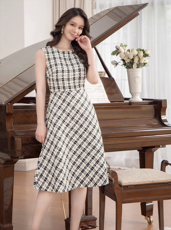 画像8: [送料無料][GINZA COUTURE]ブラック×レッド・ブラック×イエロー・チェック・ツイード・Aライン・ノースリーブ・ミディアムドレス・ワンピース[即日発送][大きいサイズあり] (8)