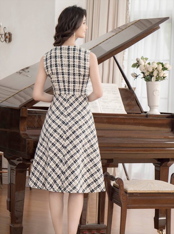 画像9: [送料無料][GINZA COUTURE]ブラック×レッド・ブラック×イエロー・チェック・ツイード・Aライン・ノースリーブ・ミディアムドレス・ワンピース[即日発送][大きいサイズあり] (9)