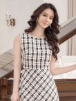 画像4: [送料無料][GINZA COUTURE]ブラック×イエロー・ブラック×レッド・チェック・ツイード・Aライン・ノースリーブ・ミディアムドレス・ワンピース[即日発送][大きいサイズあり] (4)