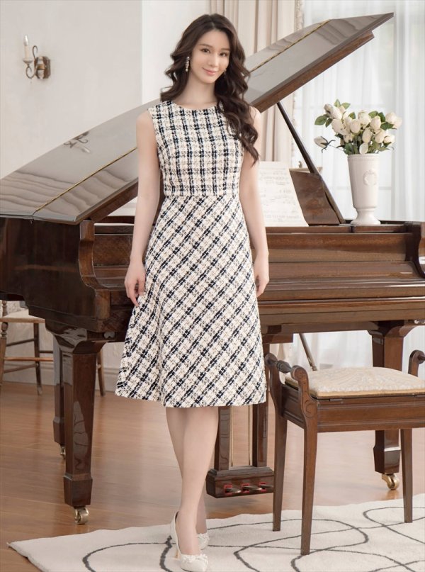 画像11: [送料無料][GINZA COUTURE]ブラック×レッド・ブラック×イエロー・チェック・ツイード・Aライン・ノースリーブ・ミディアムドレス・ワンピース[即日発送][大きいサイズあり] (11)