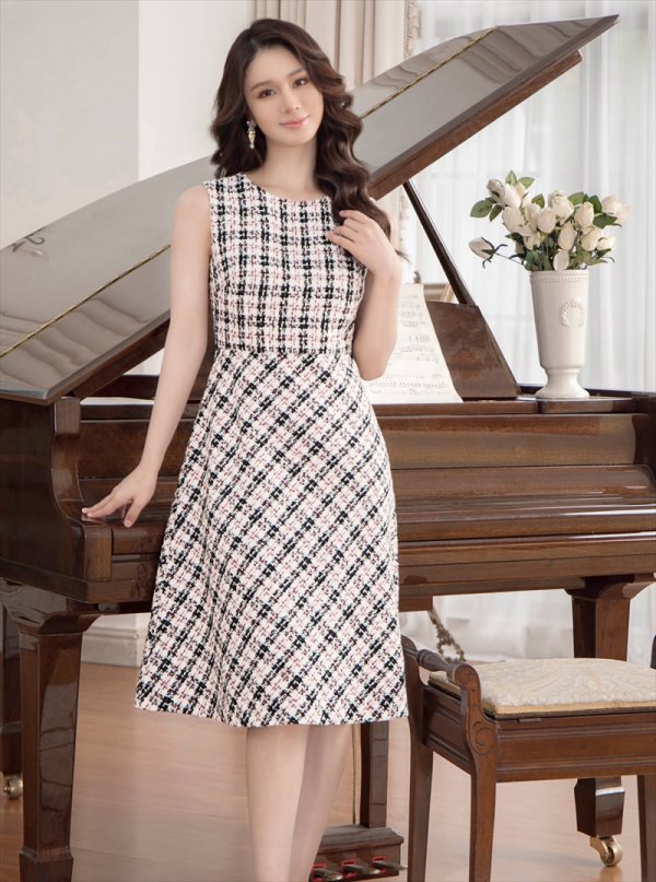 画像2: [送料無料][GINZA COUTURE]ブラック×レッド・ブラック×イエロー・チェック・ツイード・Aライン・ノースリーブ・ミディアムドレス・ワンピース[即日発送][大きいサイズあり] (2)