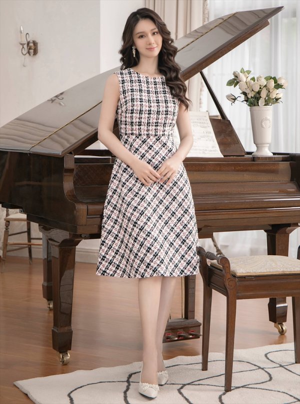 画像5: [送料無料][GINZA COUTURE]ブラック×レッド・ブラック×イエロー・チェック・ツイード・Aライン・ノースリーブ・ミディアムドレス・ワンピース[即日発送][大きいサイズあり] (5)