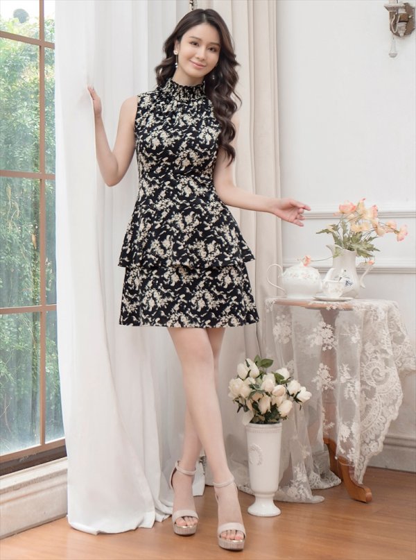 画像11: [送料無料][GINZA COUTURE]ブラック・ブラック×ベージュ・プリント・首元フリル・ウエストマーク・アメリカンスリーブ・ティアード・Aライン・ミニドレス・ワンピース[即日発送][大きいサイズあり] (11)