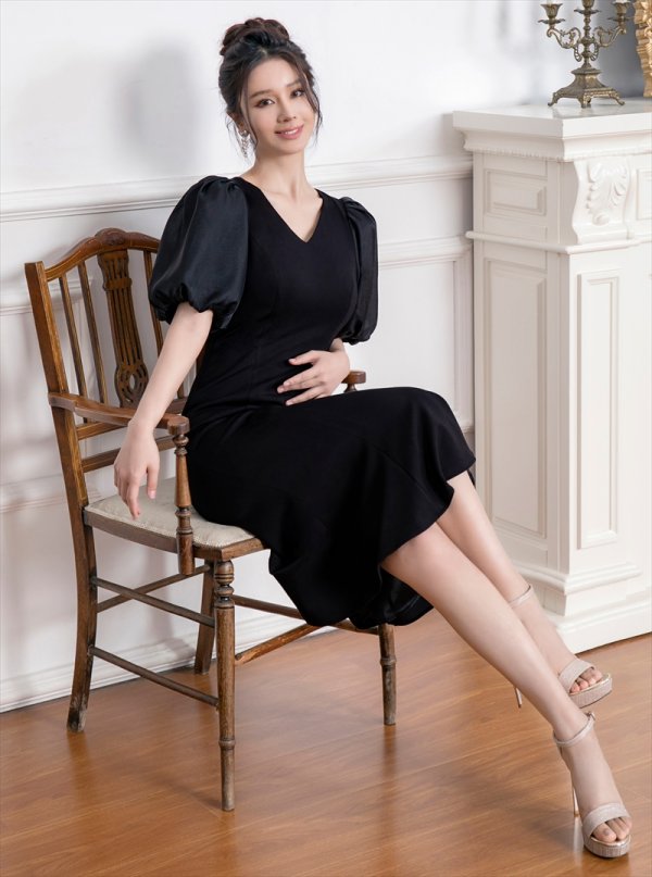 画像6: [送料無料][GINZA COUTURE]ブラック・シンプル・マーメイドライン・パフスリーブ・ミディアムドレス・ワンピース[即日発送][大きいサイズあり] (6)