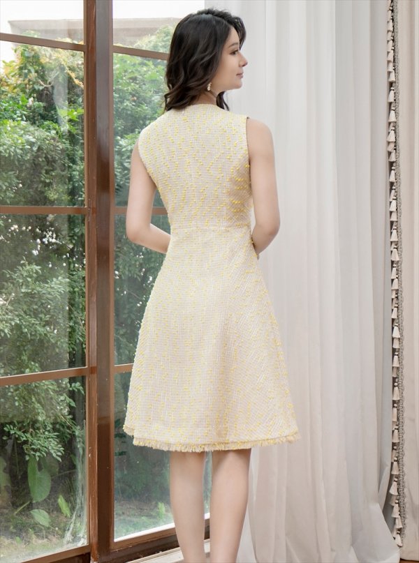 画像10: [送料無料][GINZA COUTURE]ホワイト・イエロー・ツイード・Aライン・シンプル・ミディアムドレス・ワンピース[即日発送][大きいサイズあり] (10)