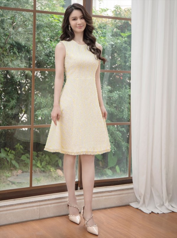 画像12: [送料無料][GINZA COUTURE]ホワイト・イエロー・ツイード・Aライン・シンプル・ミディアムドレス・ワンピース[即日発送][大きいサイズあり] (12)