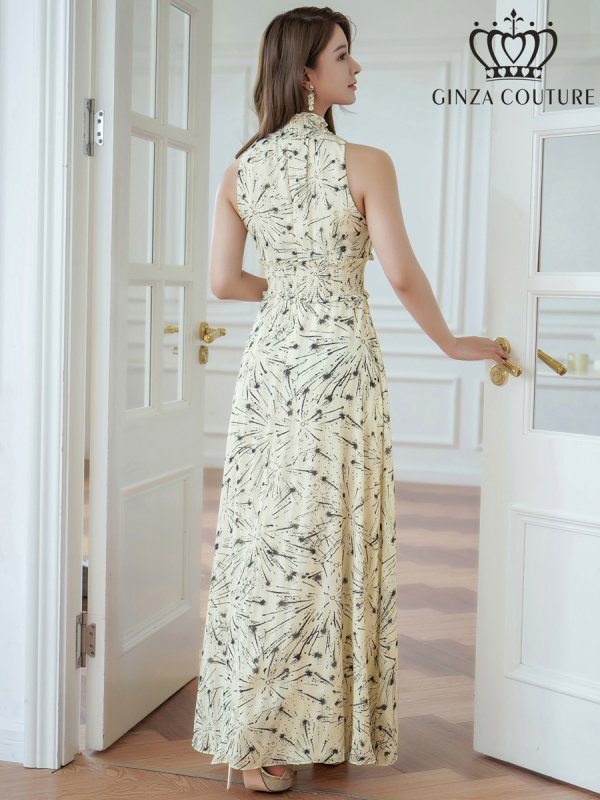 画像3: [送料無料][GINZA COUTURE]ベージュ・首元フリル・金糸・シフォン・ウエストマーク・マキシ・アメリカンスリーブ ・Aライン・ロングドレス[即日発送][大きいサイズあり] (3)