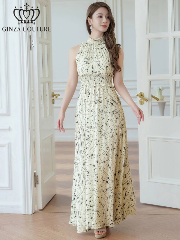 画像5: [送料無料][GINZA COUTURE]ベージュ・首元フリル・金糸・シフォン・ウエストマーク・マキシ・アメリカンスリーブ ・Aライン・ロングドレス[即日発送][大きいサイズあり] (5)