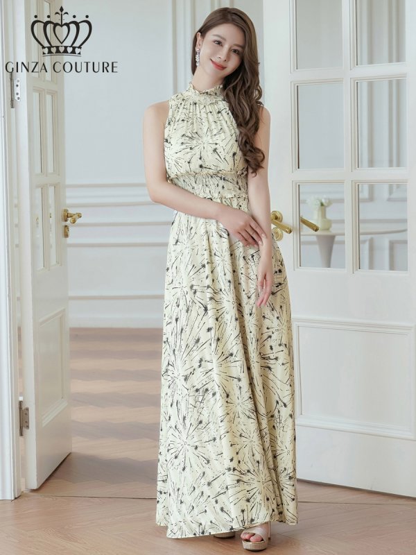 画像6: [送料無料][GINZA COUTURE]ベージュ・首元フリル・金糸・シフォン・ウエストマーク・マキシ・アメリカンスリーブ ・Aライン・ロングドレス[即日発送][大きいサイズあり] (6)