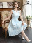 画像7: [送料無料][GINZA COUTURE]ピンク×ゴールド・ブルー・ピンク×シルバー・ホワイト・フラワープリント・金糸・Aライン・ミディアムドレス・ワンピース[即日発送][大きいサイズあり] (7)