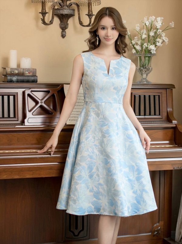 画像13: [送料無料][GINZA COUTURE]ホワイト・ピンク×ゴールド・ブルー・ピンク×シルバー・フラワープリント・金糸・Aライン・ミディアムドレス・ワンピース[即日発送][大きいサイズあり] (13)