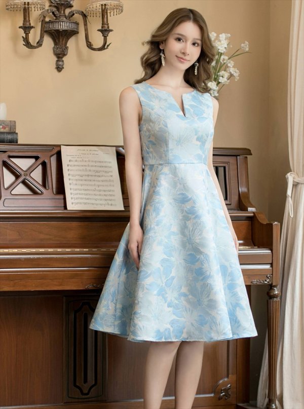 画像3: [送料無料][GINZA COUTURE]ブルー・ピンク×シルバー・ホワイト・ピンク×ゴールド・フラワープリント・金糸・Aライン・ミディアムドレス・ワンピース[即日発送][大きいサイズあり] (3)